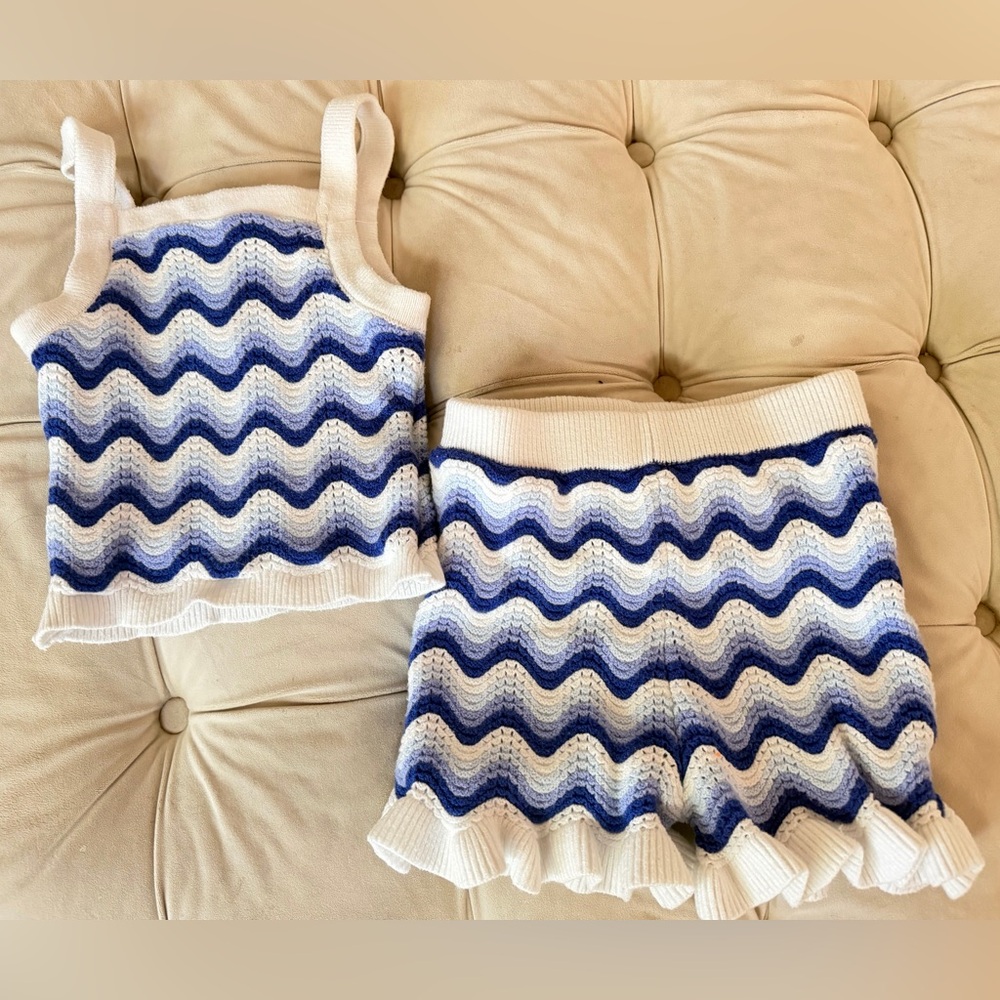 Kids Crochet Wave Tank and Shorts Set - Blue & White